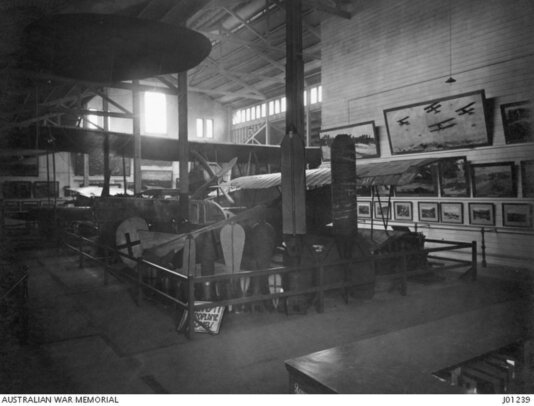 Part of the aeroplane display in the Melbourne Exhibition Building, in the foreground a Fokker D.VII, probably the ‘8371/18’ (picture: Australian War Memorial)