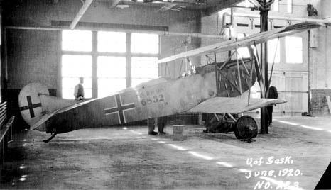 Fokker D.VII ‘6832/18’ in the Engineering Building Tractor Lab in 1920.<br />(Picture: Saskatchewan University Archives)